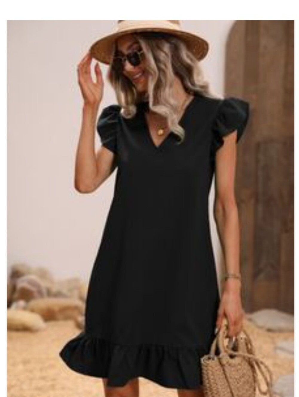 SHEIN Black V-Neck Ruffle-Hem Mini Dress with Puff Sleeves